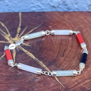 Sterling Silver 925 Semiprecious Stones Link Bracelet Jade, Onyx, Red Jasper